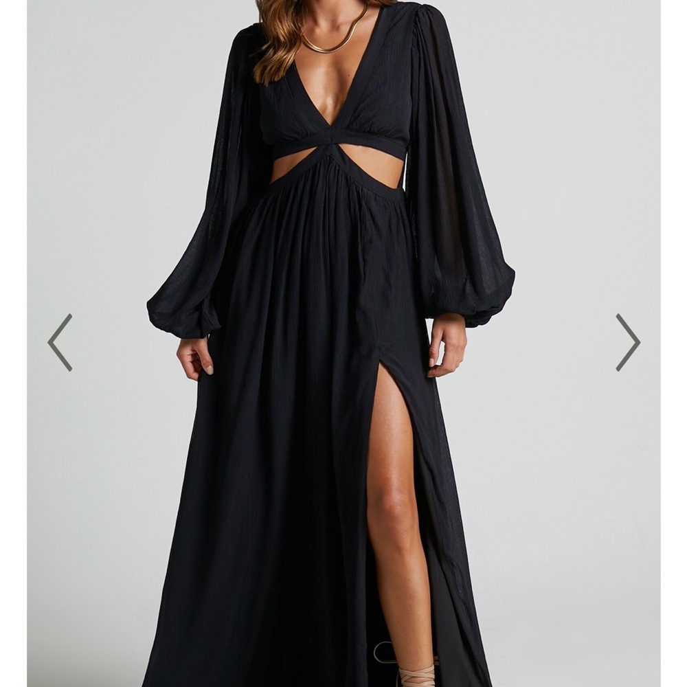 Showpo. PAIGE MAXI DRESS - SIDE CUT OUT BALLOON SLEEVE DRESS IN BLACK - Size 10